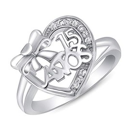 Jewelry by Debbie 925 Sterling Silver Sweet Ribbon and Heart Sweet 15 Anos Quinceanera Cz Ring Rhodium Plated (7)