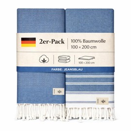 NOUR Hammam Towel Beach Towel Pack of 2 Large 100 x 200 cm 100% Cotton Picnic Blanket Sauna Towel Extra Light Absorbent Quick Drying Sand-Free (Blue Jeans)