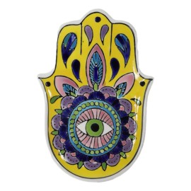 Yellow Chakra Hamsa Palm Mandala and Evil Eye Ceramic Dish Brass Incense Holder