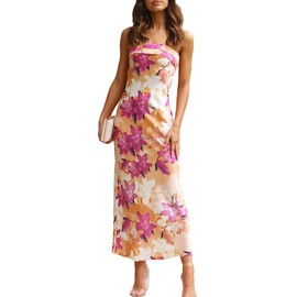 Realtix Realtix Summer Satin Print Backless Tube Tops Maxi Dress for Women Low Back Hollow Out Elegant Strapless Long Dresses Wedding Guest