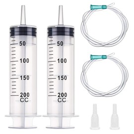 Pack of 2 Syringes 200 ml/cc with Hoses, Reusable, Individual Packaging, Sterile, Measuring Liquids, Plant Watering, Animal Feeding, Scientific Laboratories, Industry