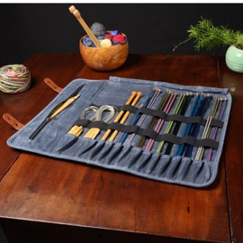 Earth & Fiber Co. Waxed canvas knitting needle case (up to 16 inches) - knitting bag - knitting needle organizer- knitting needle storage - circular knitting needle case (blue)