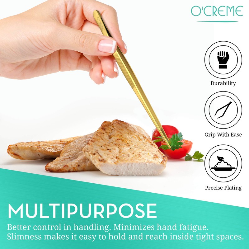 O'Creme Stainless Steel Precision Kitchen Culinary 8 Inch Tweezer Tongs