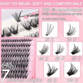 OLLAVO Kit de Extensiones de Pestañas en Grupo, 640 Piezas, Pestañas Individuales de 9 A 16 Mm, Curvatura D, Pestañas Postizas Esponjosas Y Finas, Ban