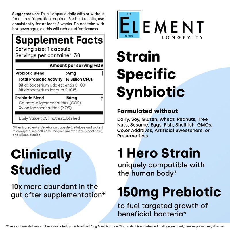 Element Longevity Human Native Bifidobacterium Adolescentis Synbiotic | Fewer Urgent