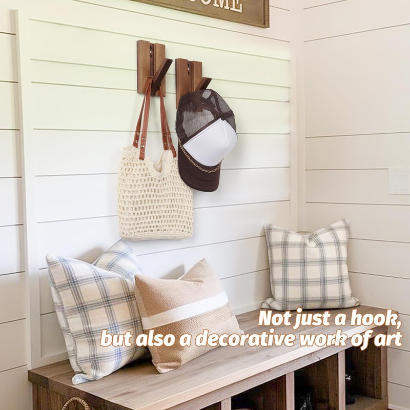 KYIAANY Foldable Wall Hooks 2Pack: Rustic Wooden Coat Hooks Mounted