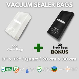 VIAVAK (8x12 Inch) Vacuum Sealer Bags for Food | 100 Clear + 20 Bonus Black | 7-Layer Commercial Grade, BPA-Free, Writable Surface for Content & Date, Heavy Duty for Food Storage & Sous Vide