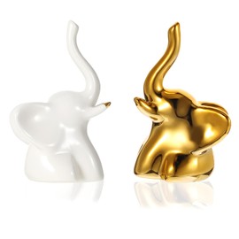 Aphumedc Home Decor Elephant Statues 1 Pair Gold & White Lucky Modern Ceramic Style Loving Elephant Sculpture Good Luck Health Strength for Couples Living Room Bedroom Office Desktop Cabinets