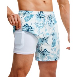 Gleeease Mens Swim Trunks with Compression Lined Short Bathing Suits for Men Phone Pocket 5 Inch Liner Men's Swimming Trunk White Flower