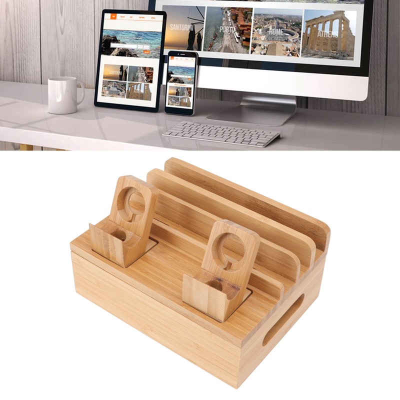 Bamboo Charging Station Multifunction 5 Ports Charging Station Rack for