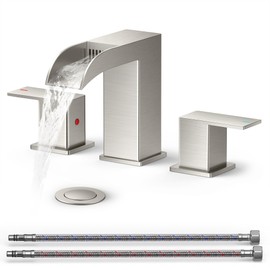 QFN Waterfall Bathroom Faucet 3 Hole Bathroom Sink Faucet with Metal Pop-up Drain and Cupc Hose, Brushed Nickel Lead-Free Bathroom Faucets Widespread Faucet for Bathroom Sink