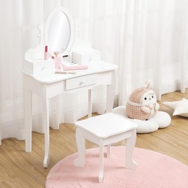 GarveeHome Girls' Vanity Set with Mirror, Makeup Table and Stool for Kids, Wood Dressup Playset for 4-9, White