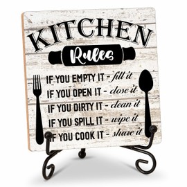 Rustic Wood Plaque with Stand - Kitchen Decor - Kitchen Rules Wood Sign - Idea Wooden Decor for Home Living Room Dining Room Shelf Table Decoration (31)