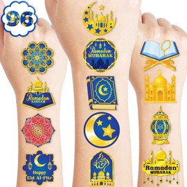 96 PCS Happy Ramadan Mubarak Eid Al Fitr Pre-Cut Temporary Tattoos for Kids | Super Cute Themed Birthday Party Favors, Supplies, Decorations, Fake Tattoo Stickers, School Rewards & Gifts Boys & Girls