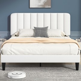 VECELO Queen Size Bed Frame with Upholstered Headboard, Velvet Platform Bedframe Mattress Foundation, Strong Wood Slat Support, No Box Spring Needed,White