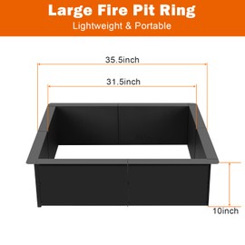 OUSHENG 32 Inch Square Fire Pit Ring Insert for Outside Wood Burning, 36 Inch Outer Large Solid Steel Firepit Liner for Above or In-Ground Outdoor DIY Camping Garden Patio Backyard