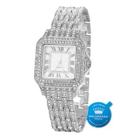 Halukakah Diamonds Gold Watch Iced Out,Men's Platinum White Gold Plated 33MM Width Width Square Dial Quartz Wristband 8",Free Giftbox