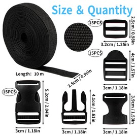 TAIHOBO Webbing Strap 10m Long, Webbing Straps for Bags 25mm Wide, with 45 Adjustable Buckle, Polypropylene Webbing Tape, Thickened Backpack Straps with Buckles for Pet Collar DIY Craft Luggage