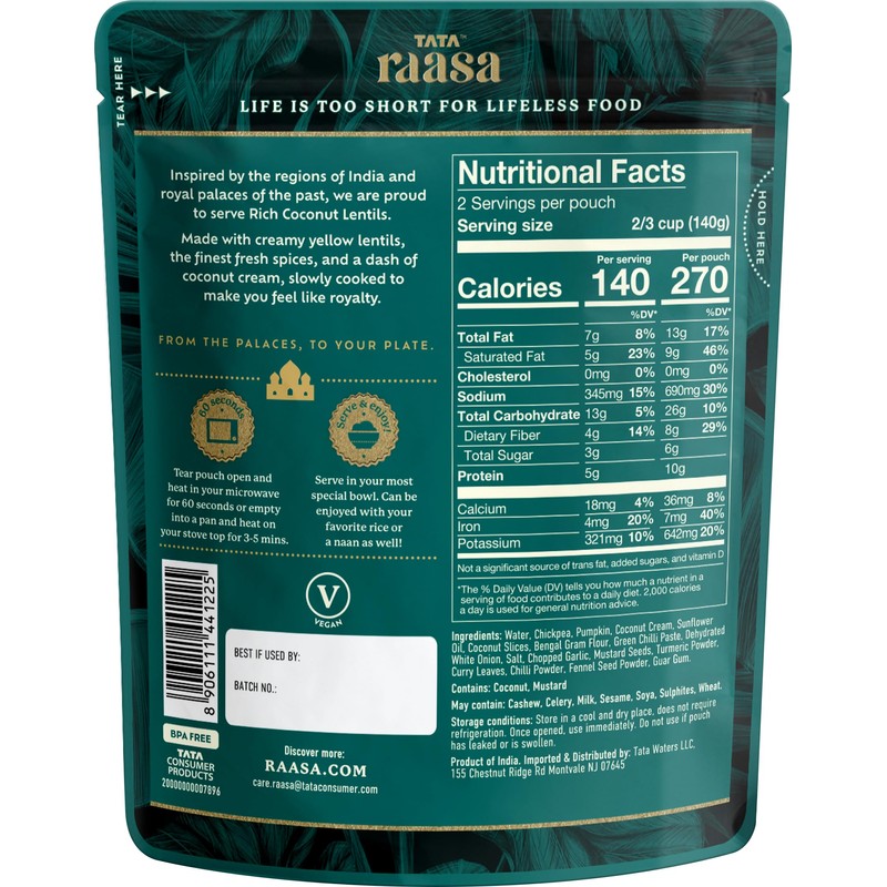 Tata Raasa Rich Coconut Lentils, Vegan Friendly, Non-GMO, 10 Ounce