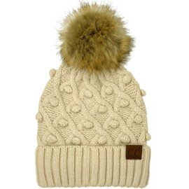 C.C Winter Sherpa Fleeced Lined Chunky Knit Stretch Pom Pom Beanie Hat Cap (Handmade Bobble Beige)