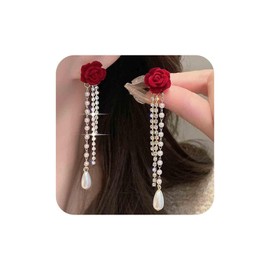 Aneneiceera Vintage Flower Crystal Pearl Earrings Long Gold Chandelier Earrings Pearl Tennis Chain Earrings Red Velvet Rose Stud Earrings Jewellery for Women and Girls, Zinc