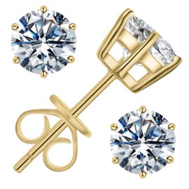 Dunnett Taylor Gold Plated Sterling Silver 1.0ct Moissanite Stud Earrings D VVS1 Round Solitaire 2.0ct CTTW per pair - 6 claws