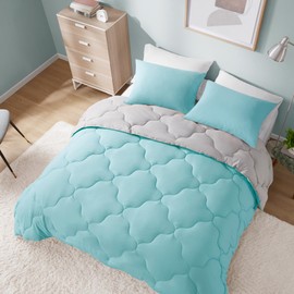 Comfort Spaces Vixie Reversible Comforter Set - Trendy Casual Geometric Quilted Cover, All Season Down Alternative Cozy Bedding, Matching Sham, Aqua/Gray, Full/Queen 3 piece