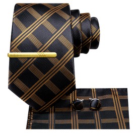 Hi-Tie Ties for Men Neck Tie Pocket Square Set Wedding Formal Cufflinks Tie Clip 4PC Formal Suit Tie Set,Black Gold Plaid