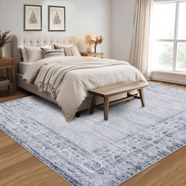 Garvee Washable Rugs 8x10 Solid Border Rugs for Living Room Stain-Resistant, Traditional Distressed Carpet Retro Accent Bordered Rug Non Slip Carpet for Bedroom Dining Room Office,Blue