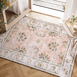 TOPICK Doormat Machine Washable Area Rug 60x90cm Pink Floral Entryway Rug Indoor Vintage Rug Chenille Print Floor Cover Thin Rug Small Rug Lightweight Non Slip Kitchen Bathroom