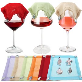 Set of 6 Weighted Outdoor Wine Covers - Chiffon Wine Glass Covers with Silver Coastal Charms - Bug-Proof Drink Covers for Outdoor Parties