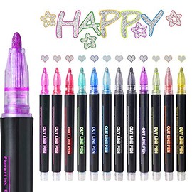 12 Piezas Rotulador de Contorno de Doble Línea Bolígrafo de Doble Línea Resaltadores para Pintar Bolígrafos Mágicos Plumones Punta Colorear, Dibujar, Hacer Carteles, Tarjetas de Navidad, DIY