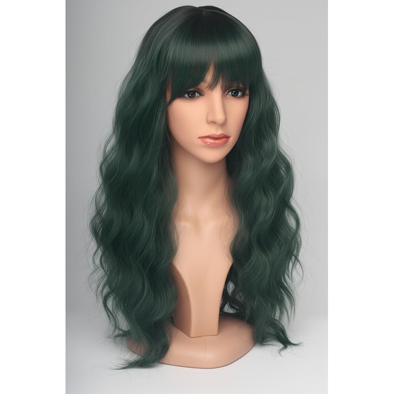24 Inch Forest Green Wavy Wig with Bangs, Heat Resistant