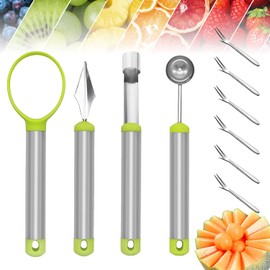 ELNLE Fruit Tool Melon Cutter Balls Stainless Steel Melon Spoon Ball Cutter Free Pigeon Multifunctional Kitchen Tool Hollow Out Spoon with 6 Fruit Forks for DIY Fruit Salads