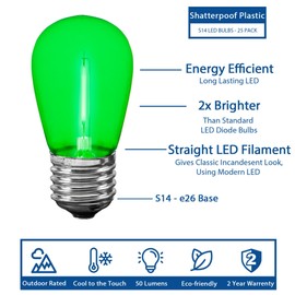 Novelty Lights Outdoor String Light Replacement Bulbs, 5 Pack S14 LED Edison Shatterproof Plastic, E26 Base, 30,000-Hour Lifespan, Green