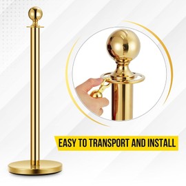 8PCS Gold Stanchions and 6 Red Velvet Ropes, Stainless Steel Red Carpet Ropes and Poles, Velvet Rope Barrier Stanchion Post for Party, Museums,Hotels Crowd Control-5ft Red Rope,4 Way Connections