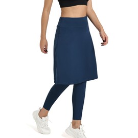 Women Knee Length Skirts with Full-Length Leggings,Skirted Leggings Capris for Women Zipper Pockets(Full Legnth Navy Blue M)