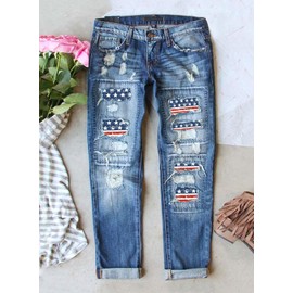 Astylish Women Star Ripped Patchwork High Rise Washed Jeans Boyfriend Distressed Denim Pants Blue Medium