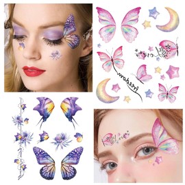 12 Sheets Glitter Butterfly Temporary Tattoos Sticker for Women Girls Eye Face Makeup Decoration, Flash Fairy Wings Body Art Shiny Butterflies Waterproof Fake Tattoos for Festival Party Eye Decor