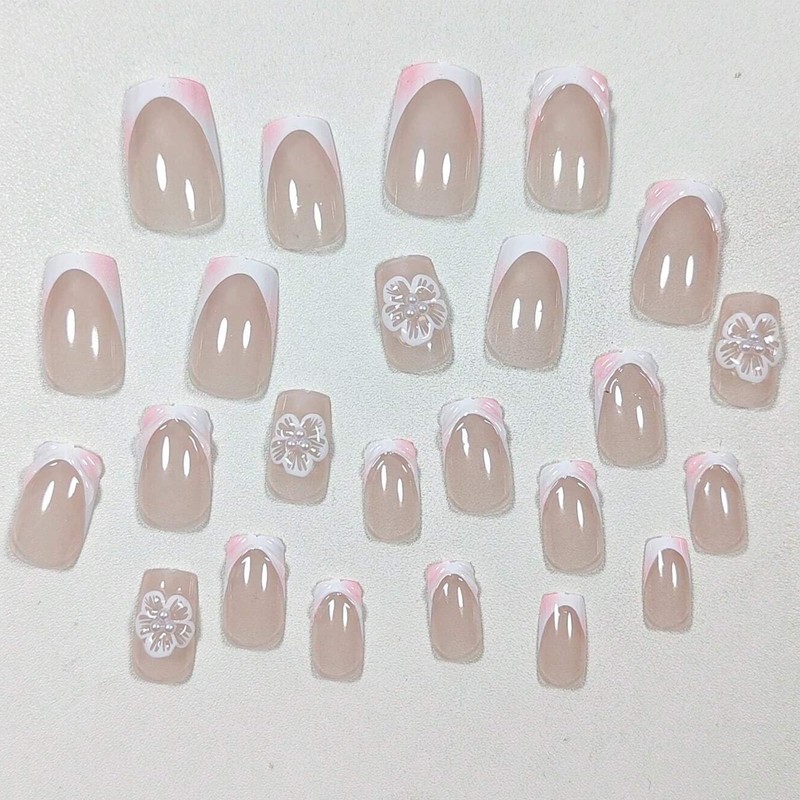 GlamRays 24 Pieces French Tip Stick-on Nails Square Short Fake