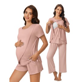 Ekouaer 3 PCS Maternity Nursing Pajamas Set Postpartum Breastfeeding Short Sleeve Shirts, Pregnancy Shorts & Pants Pjs Pink XXL