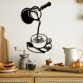 Oubasa Metal Pour Coffee Cup Wall Decor, Black Coffee Cup Silhouette Wall Art, Minimalist Cafe Themed for Office Coffee Bar Shop Home Decorations (Pour coffee)