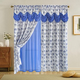 July Joy Jacquard Window Floral Curtain Panel Drape with Attached Fancy Valance and Taffeta Backing. 2pcs Set. 54 x 84 Inches with 18" Valance (Blue)