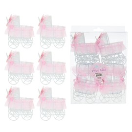 Mega Crafts 6 Pack Pink Metal Baby Carriage Favor with Ribbon and Pacifier Embellishments, Candy Trinket Holders for Baby Showers, Gender Reveal Parties, Birthdays, Special Events