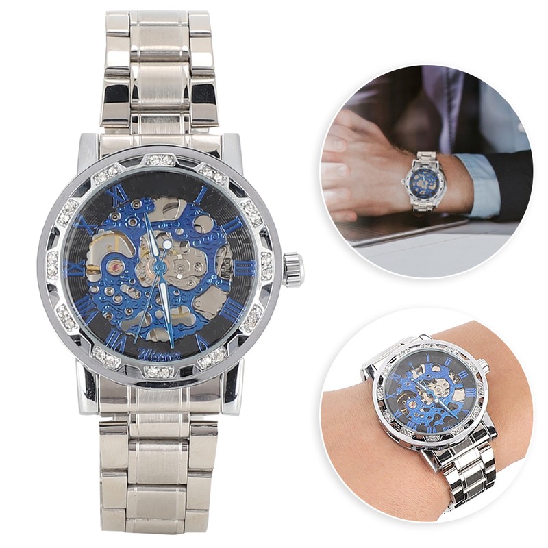 Fashion Waterproof Men Round Dial Hollow Automatic Wristwatch Mechanical Watch(Blue