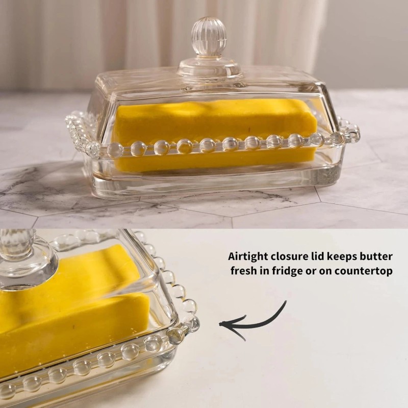 QIANCHANG Glass Butter Dish with Lid for Countertop, Clear Crystal