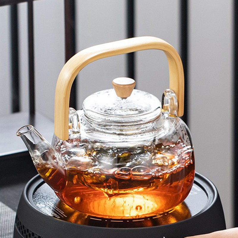 Household Teapot 1000ml Large Capacity Multifunctional Borosilicate Teapot with Bamboo