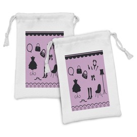 Ambesonne Fashion Fabric Pouch Set of 2, Women Boutique Shop Elements Purse High Heels Necklace Dress and Nail Polish, Small Drawstring Bag for Toiletries Masks and Favors, 9" x 6", Black and Lilac