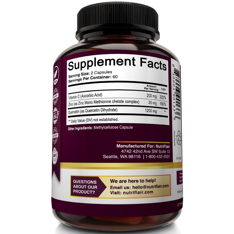 NutriFlair Quercetin 1200mg with Vitamin C and Zinc, 120 Capsules