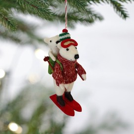 Adorable Needle Felted Christmas Ornament | Free-Standing or Hanging Decoration | Festive Christmas Decor (Skiing Pedro Polar Bear with Baby)